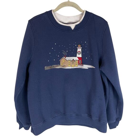 Vintage Christmas winter scene navy double collar sweatshirt - Picture 1 of 8